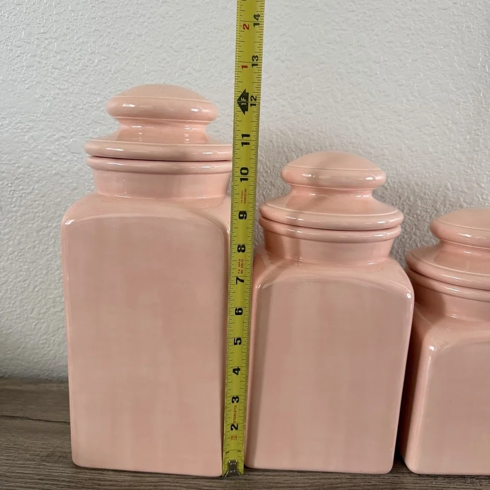 Set Of 4 Vintage MCM Salmon Pink Ceramic Glazed Canisters With Lids 80's? 90's?